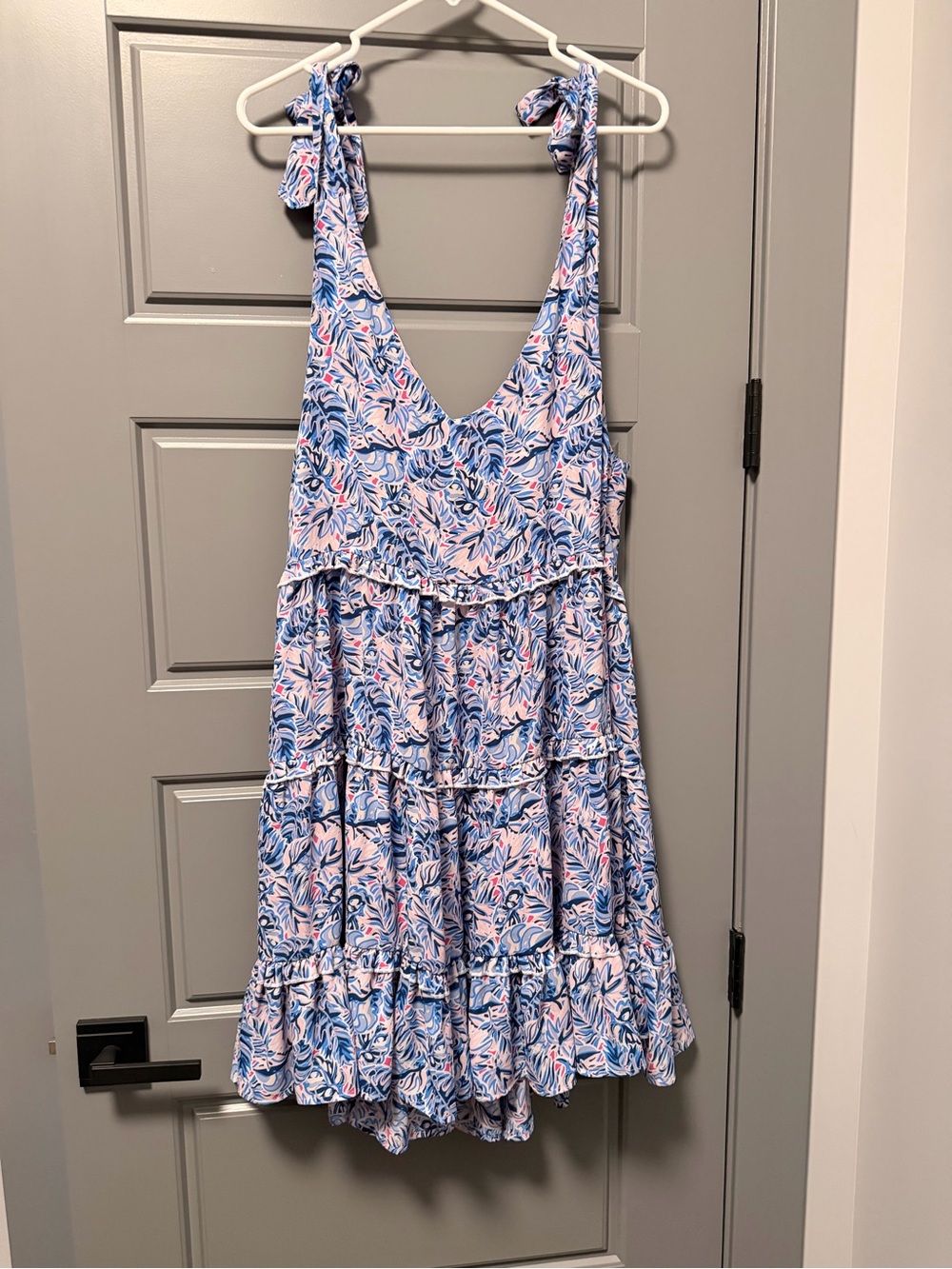 Simply Southern Floral Tie-Shoulder Summer Dress in Blue and Pink MEDIUM
